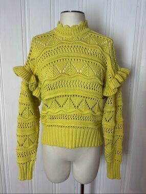 NWT JOIE Hockley Canary Yellow Open Knit Chunky Ruffle Sweater | Size Small